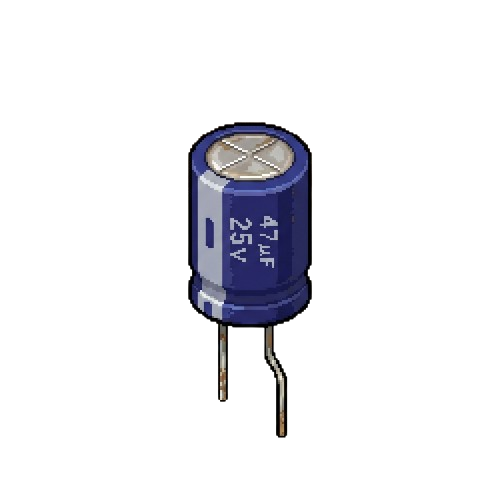 A salvaged radio capacitor on the kitchenette counter