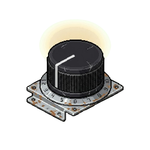 A salvaged radio dial on the upper catwalk